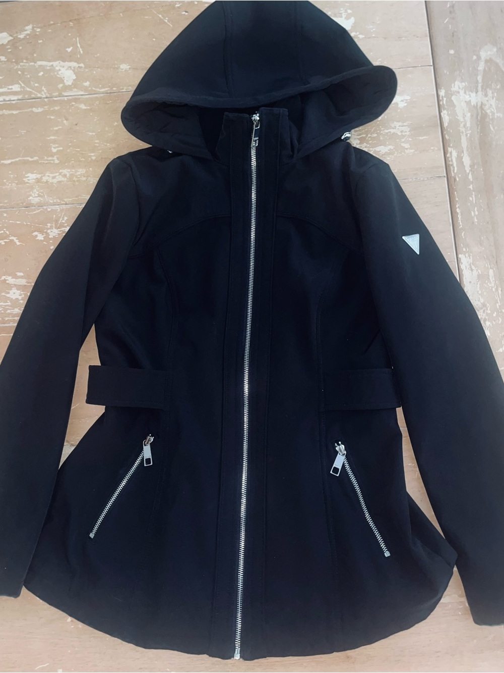 GUESS Womens Black Hooded Softshell Jacket Fitted Zip Coat Size M